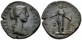 Crispina, wife of Commodus Sestertius circa 180-183, Æ 33mm., 24.89g. Draped bust r. Rev. Laetitia standing l., holding wreath and rudder on globe. C ...