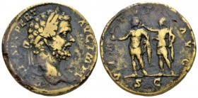 Septimius Severus, 193-211 Sestertius circa 195, Æ 31mm., 20.20g. Laureate head r. Rev. Roma standing l., in military dress, crowning Severus standing...