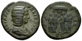 Julia Domna, wife of Septimius Severus As circa 211-217, Æ 25mm., 7.23g. Diademed and draped bust r. Rev. Four Vestal virgins sacrificing in front of ...