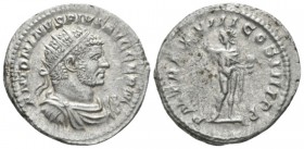 Caracalla, 198-217 Antoninianus circa 215, AR 24mm., 4.65g. Radiate, draped and cuirassed bust r. Rev. Sol, radiate, standing to front, head l., raisi...