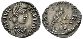 Flavius Victor, 387-388 Half siliqua Mediolanum 387-388, AR 14mm., 0.66g. Pearl-diademed, draped and cuirassed bust r., Rev. Roma enthroned facing, he...