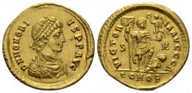 Honorius, 393-423 Solidus Sirmium 393-395, AV 21mm., 4.34g. Pearl-diademed draped and cuirassed bust r. Rev. Emperor in military attire standing r. ho...