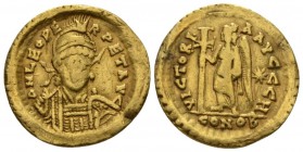 Leo I, 457-474 Solidus Constantinopolis 465-466, AV 20.5mm., 4.35g. D N LEO PE – RPET AVG Helmeted, pearl-diademed and cuirassed bust facing three-qua...
