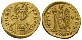 Zeno second reign, 476 – 491 Solidus Constantinopole 476-491, AV 19mm., 4.47g. DN ZENO – PERP AVG Helmeted, pearl-diademed and cuirassed bust facing t...