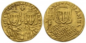 Constantine V Copronymus 741 – 775, with Leo IV from 751. Solidus 756-764, AV 20.5mm., 4.42g. COnSt – AntInOSS LЄOnO nЄOS Facing busts of bearded Cons...