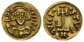 Beneventum, LOMBARDS. Liutprand, 751-758. Tremissis 756-757, AV 14.5mm., 1.29g. DI-VCNP P Crowned and draped facing bust, holding globus cruciger and ...