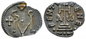 Beneventum, LOMBARDS. Grimoald III. 788-806. Denaro 792-806 Alone as Princeps, AR 15.5mm., 1.04g. Grimoaldus monogram; in l. field, cross, above, inve...