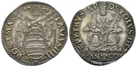 Ancona, Paul IV, Giampietro Carafa, 1555-1559. Testone 1555-1559, AR 30.5mm., 9.52g. Papal arms. Rev. St. Peter seated facing, raising hand in benedic...