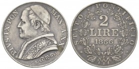 Rome, Pio IX (Giovanni Maria Mastai-Ferretti) 1846 – 1878 2 Lire anno XX/1866, AR 28mm., 9.91g. Muntoni 47. Berman 3339.
 
 Very Fine.