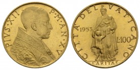 Rome, Pio XII (Eugenio Pacelli), 1939-1958. Da 100 lire anno XV/1953, AV 21mm., 5.19g. Muntoni 4. Berman 3404. Friedberg 290.

Good Extremely Fine.