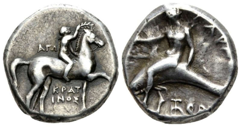 Calabria, Tarentum Nomos circa 302-280, AR 20mm., 7.78g. Youth on horseback r., ...