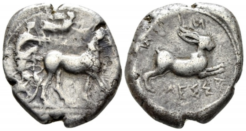 Sicily, Messana Tetradrachm circa 450 BC, AR 25mm., 17.00g. The nymph Messana dr...