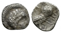 Arabia, Obol Imitating Athens, circa 350-250 BC, AR 9.5mm., 0.57g. Helmeted head of Athena r. Rev. Owl standing r., head facing; crescent moon in uppe...