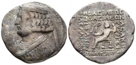 Parthia, Orodes II, 57-38. Seleukeia on the Tigris Tetradrachm circa 57-38, AR 30mm., 13.58g. Diademed bust l., neck torque ends in sea horse. Rev. Or...