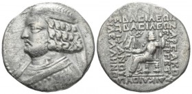 Parthia, Orodes II, 57-38. Seleukeia on the Tigris Tetradrachm circa 57-38, AR 30mm., 13.58g. Diademed bust l., neck torque ends in sea horse. Rev. Or...