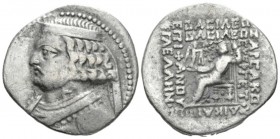 Parthia, Seleukeia on the Tigris Tetradrachm circa 57-38, AR 29mm., 11.73g. Diademed bust l., neck torque ends in sea horse. Rev. Orodes seated l., ho...