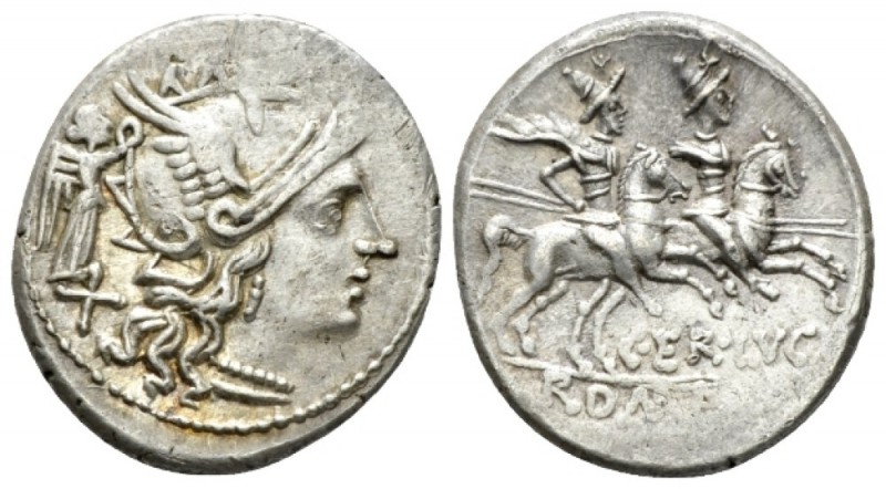 C. Terentius Lucanus. Denarius circa 147, AR 18.6mm., 3.76g. Helmeted head of Ro...