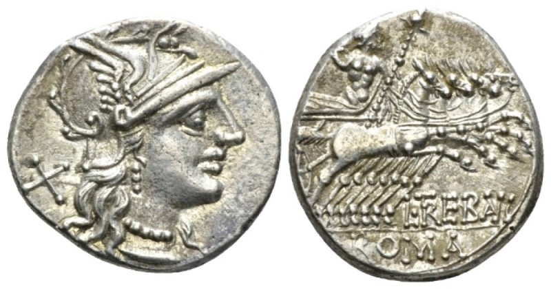 L. Trebanius Denarius circa 135, AR 19mm., 3.98g. Helmeted head of Roma r.; behi...