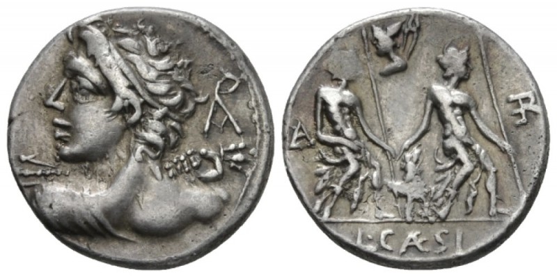 L. Caesius. Denarius 112 or 111, AR 19.20mm., 3.90g. Bust of Apollo l. seen from...