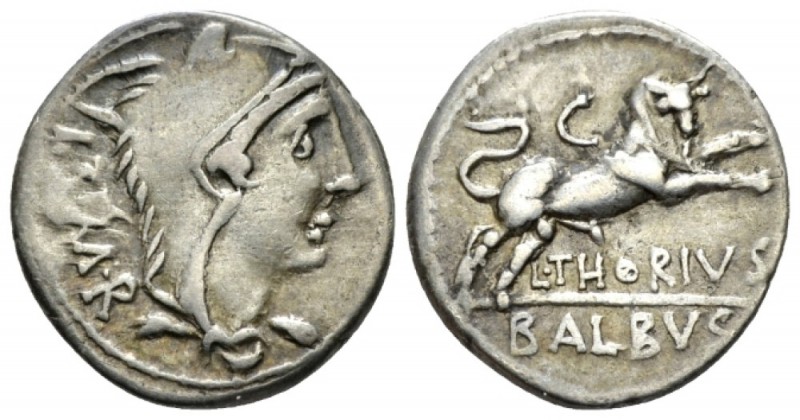 L. Thorius Balbus. Denarius circa 105, AR 18.7mm., 3.83g. Head of Juno Sospita r...