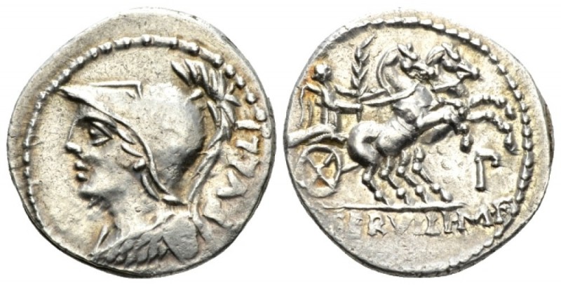 P. Servilius M.f. Rullus. Denarius circa 100, AR 20.20mm., 3.89g. Helmeted bust ...