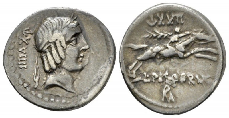 L. Piso Frugi. Denarius circa 90, AR 20mm., 3.91g. Laureate head of Apollo r.; b...