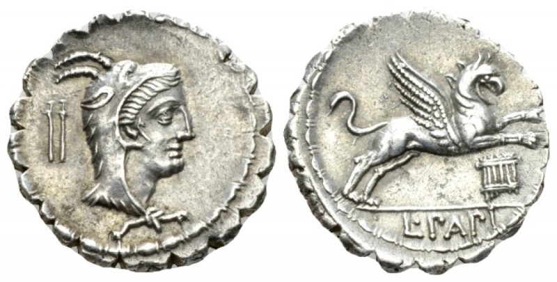 L. Papius. Denarius serratus 79, AR 13.80mm., 3.92g. Head of Juno Sospita r.; be...