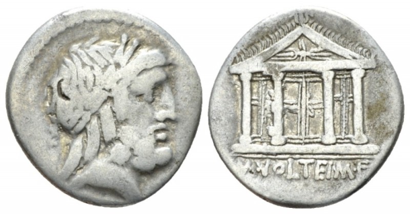 M. Volteius M.f. Denarius circa 78, AR 17.4mm., 3.76g. Laureate head of Jupiter ...