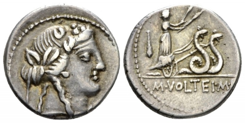 M. Volteius M.f. Denarius 78, AR 18.40mm., 3.88g. Head of Liber r., wearing ivy ...