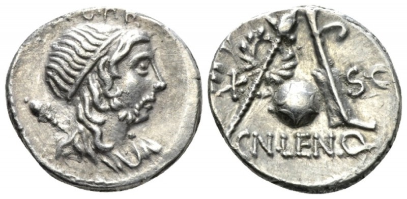 Cn. Cornelius Lentulus. Denarius Spain (?) 76-75, AR 19.2mm., 3.76g. Draped bust...