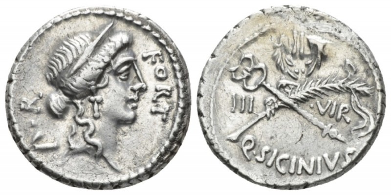 Q. Sicinius. Denarius circa 49, AR 18mm., 3.87g. Diademed head of Fortuna Populi...