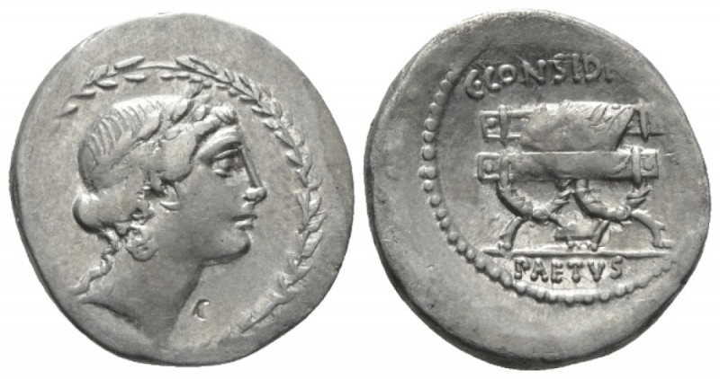 Denarius circa 46, AR 19.6mm., 3.96g. Laureate head of Apollo r. within laurel w...