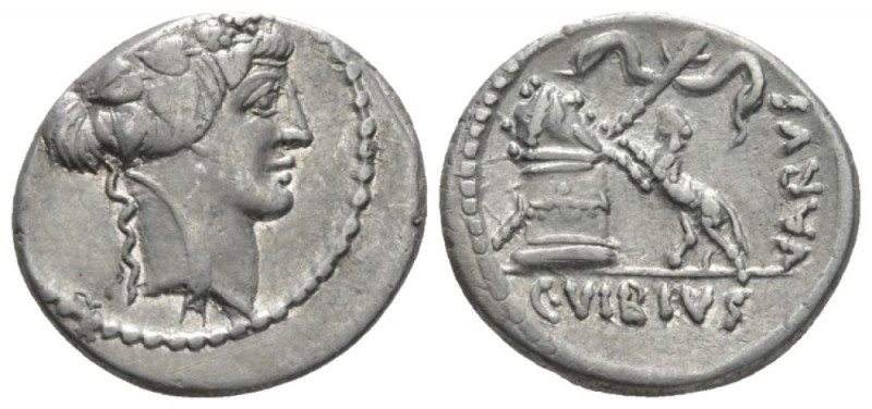 C. Vibius Varus. Denarius circa 42, AR 17.9mm., 3.70g. Head of Liber r., wearing...