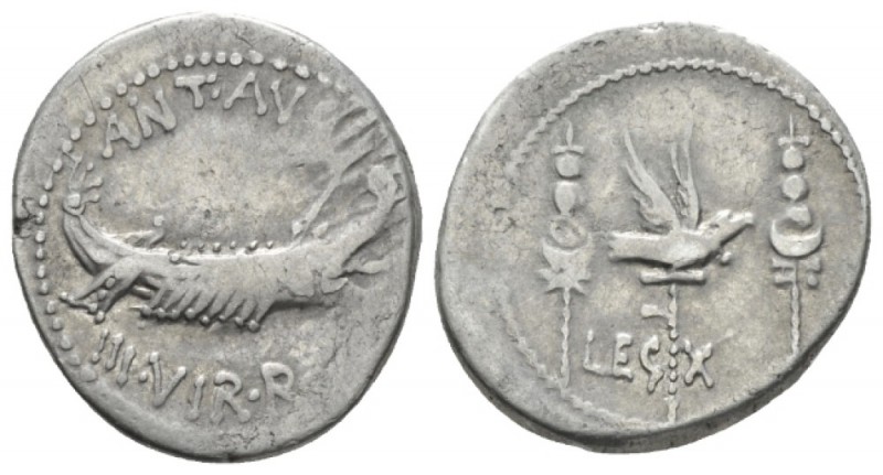 Marcus Antonius. Denarius mint moving with M. Antonius 32-31, AR 17.6mm., 3.42g....