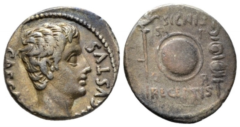 Octavian as Augustus, 27 BC – 14 AD Denarius Colonia Patricia (?) circa 17 BC, A...