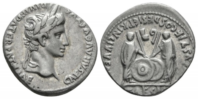 Octavian as Augustus, 27 BC – 14 AD Denarius Lugdunum circa 2 BC- 4 AD, AR 19mm....