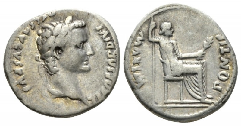 Tiberius, 14-37 Denarius circa 14-37, AR 19mm., 3.67g. Laureate head r. Rev. Pax...