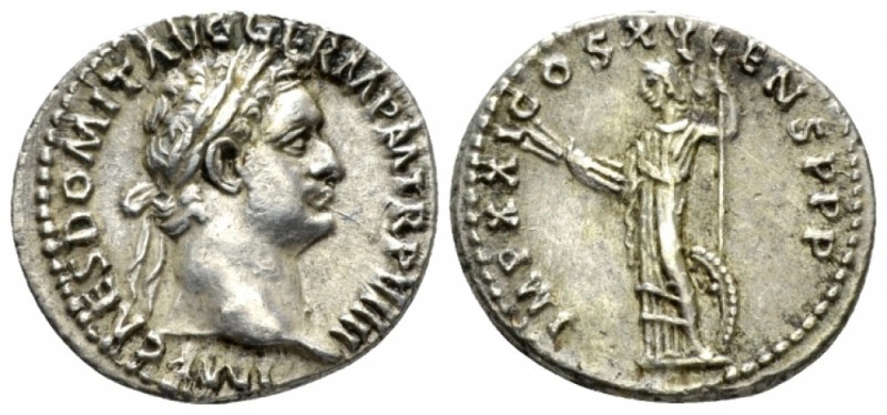 Domitian, 81-96 Denarius circa 86, AR 19mm., 3.41g. Laureate head r. Rev. Minerv...