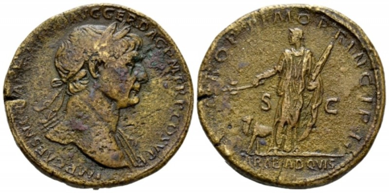 Trajan, 98-117 Sestertius circa 103-111, Æ 32mm., 25.49g. Laureate head r., drap...