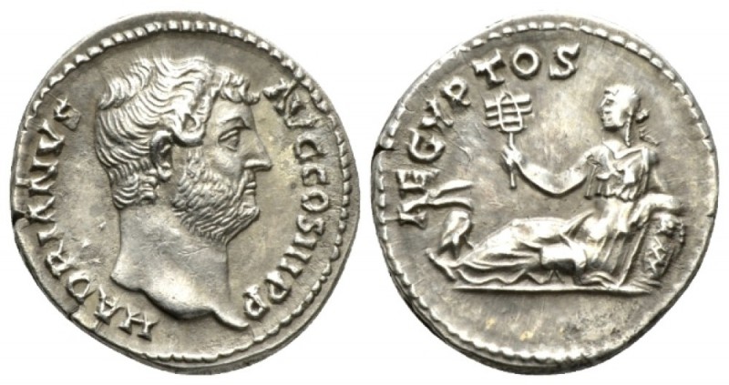 Hadrian, 117-138 Denarius circa 134-138, AR 19mm., 3.28g. Bare head r. Rev. AEGY...