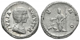 Julia Domna, wife of Septimius Severus Denarius circa 196-211, AR 19mm., 3.47g. IVLIA AVGVSTA Draped bust r. Rev. IVNO Juno standing l., holding pater...