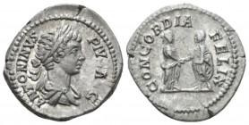 Caracalla, 198-217 Denarius circa 201-206, AR 20mm., 3.12g. Laureate and draped bust r. Rev. Caracalla standing l., holding volumen, clasping r. hands...