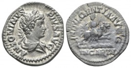 Caracalla, 198-217 Denarius circa 201-206, AR 19mm., 3.12g. Laureate and draped bust r. Rev. The Dea Caelestis , holding thunderbolt and sceptre, ridi...