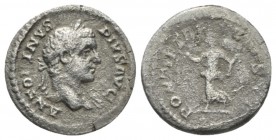 Caracalla, 198-217 Quinarius circa 208, AR 12mm., 1.69g. Laureate, draped and cuirassed bust r. Rev. Victory advancing l., holding wreath and palm bra...