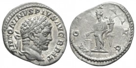 Caracalla, 198-217 Denarius circa 210-213, AR 18.5mm., 2.76g. Laureate head r. Rev. MONETA AVG Moneta standing l., holding scales and cornucopia. RIC ...