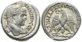 Caracalla, 198-217 Tetradrachm Tyre (Phoenicia) circa 213-217, AR 26mm., 17.11g. Laureate bust r., with drapery at front of truncation. Rev. ΔΗΜΑΡX ΕΞ...