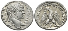 Caracalla, 198-217 Tetradrachm Tyre (Phoenicia) circa 213-217, AR 26mm., 11.07g. Laureate bust r. Rev. Eagle standing with wings spread, head l., on c...