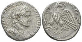 Caracalla, 198-217 Tetradrachm circa 215-217, AR 25mm., 11.13g. Laureate and cuirassed bust r. Rev. Eagle standing facing, head and tail right, with w...