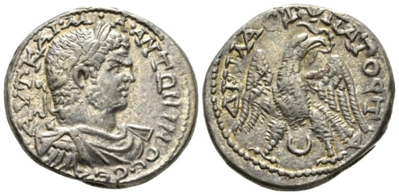 Caracalla, 198-217 Tetradrachm circa 215-217, AR 26.5mm., 12.80g. Laureate, drap...