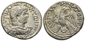 Caracalla, 198-217 Tetradrachm circa 215-217, AR 26.5mm., 12.80g. Laureate, draped and cuirassed bust r. Rev. Eagle standing r. with spread wings, hea...